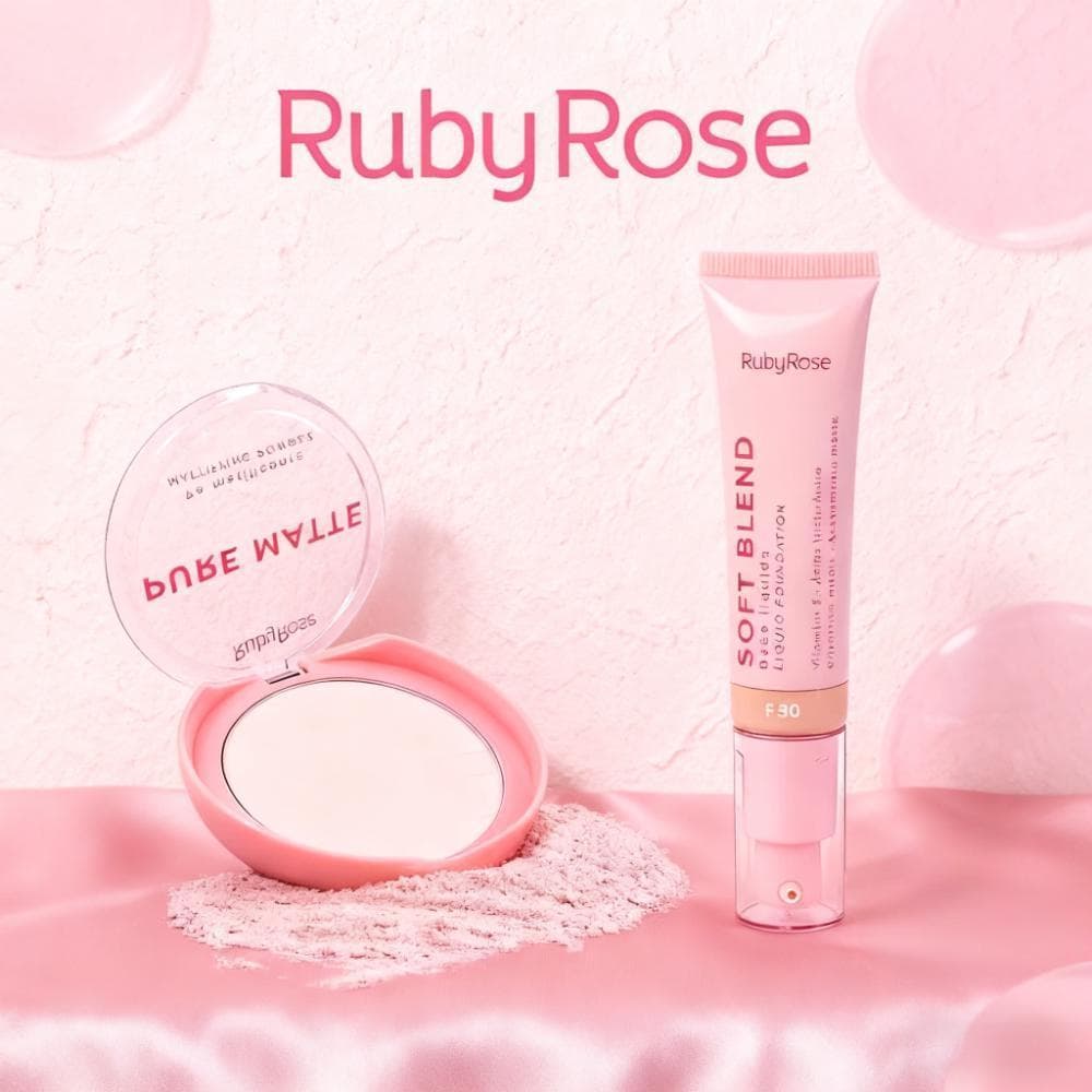 Base Líquida + Pó Compacto Ruby Rose - Dupla para uma Pele Uniforme e Mate HB-M301G1+HB-M402