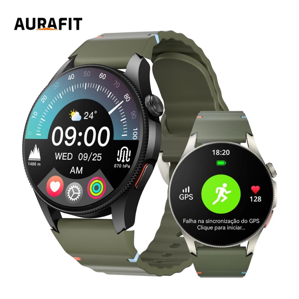 Relógio AURAFIT GPS, G12/Trek 2 AMOLED 1.43",3ATM,150+ Modos Esportivos,Monitor Saúde,Suporte Strava
