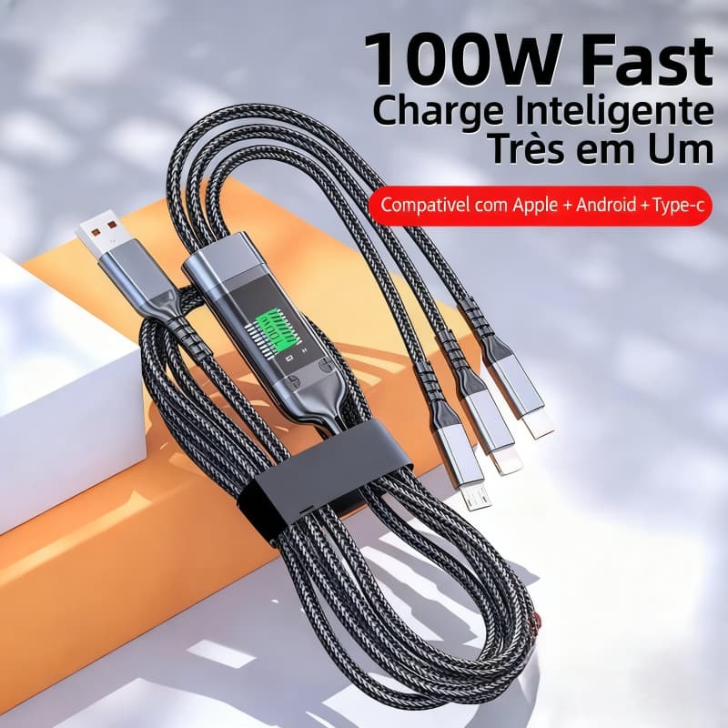 Cabo de Dados Celular 3 em 1 - 100W Ultra Rápido, IOS/V8/Tipo C 1.2m Resistente
