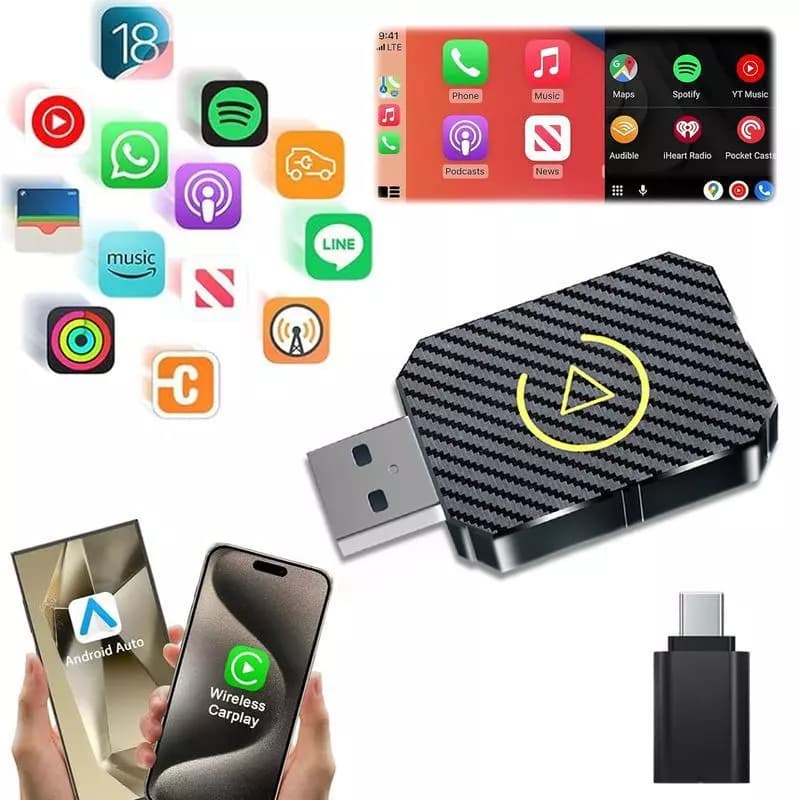 2 em 1 Adaptador Sem Fio CarPlay & Android Auto - Mini Caixa Automática, 5GHz WiFi, Plug and Play, Tipo-C/USB