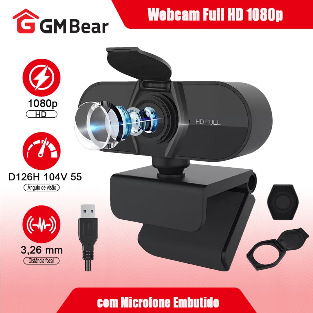 GM Bear Webcam Câmera Full Hd 1080p Microfone Embutido - Widescreen USB, Ideal para Videoconferências e Chamadas Online