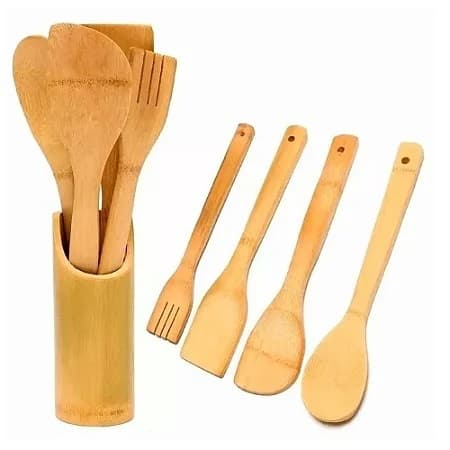 Espatulas Colher Utensilios De Cozinha Em Bambu 5 Peças