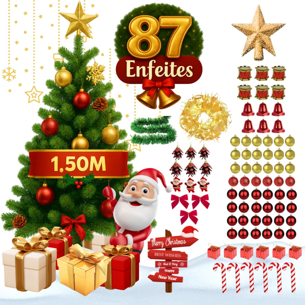 Árvore Natal Decorada Pinheiro Premium 150cm 200 Galhos Enfeitada Kit Completo Enfeites + Pisca