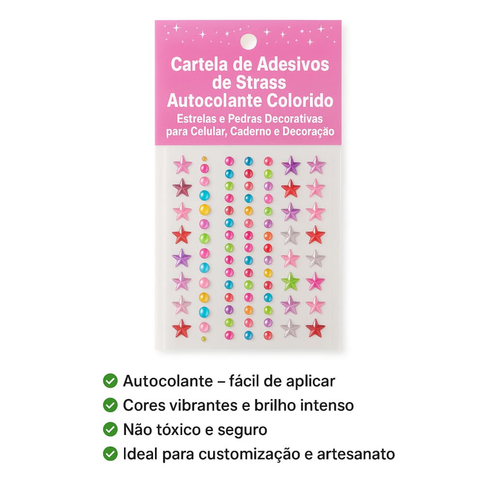 Cartela de Adesivos de Strass Autocolante Colorido – Estrelas e Pedras Decorativas para Celular, Caderno e Decoração