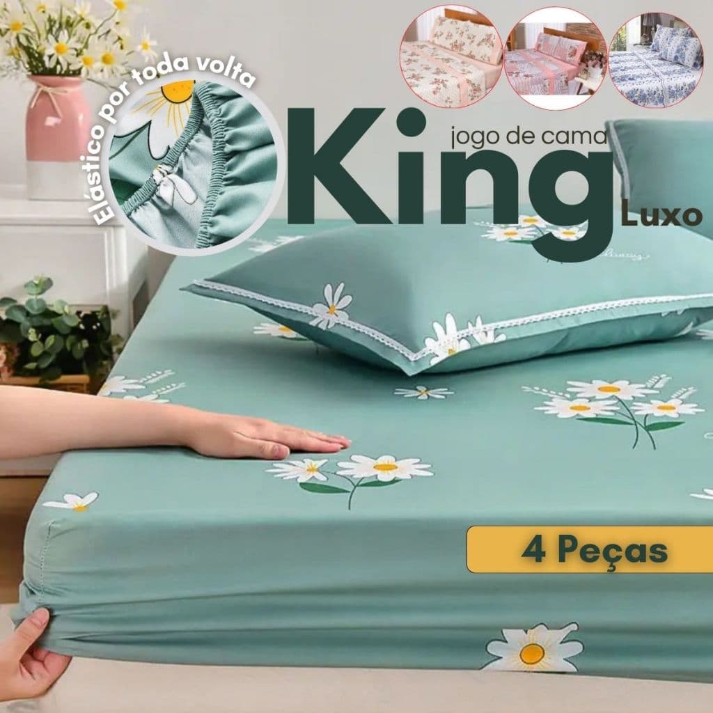 Kit Jogo de Lençol King 4 Peças 1,93m x 2,03m x 30cm de Altura Estampas Sortidas