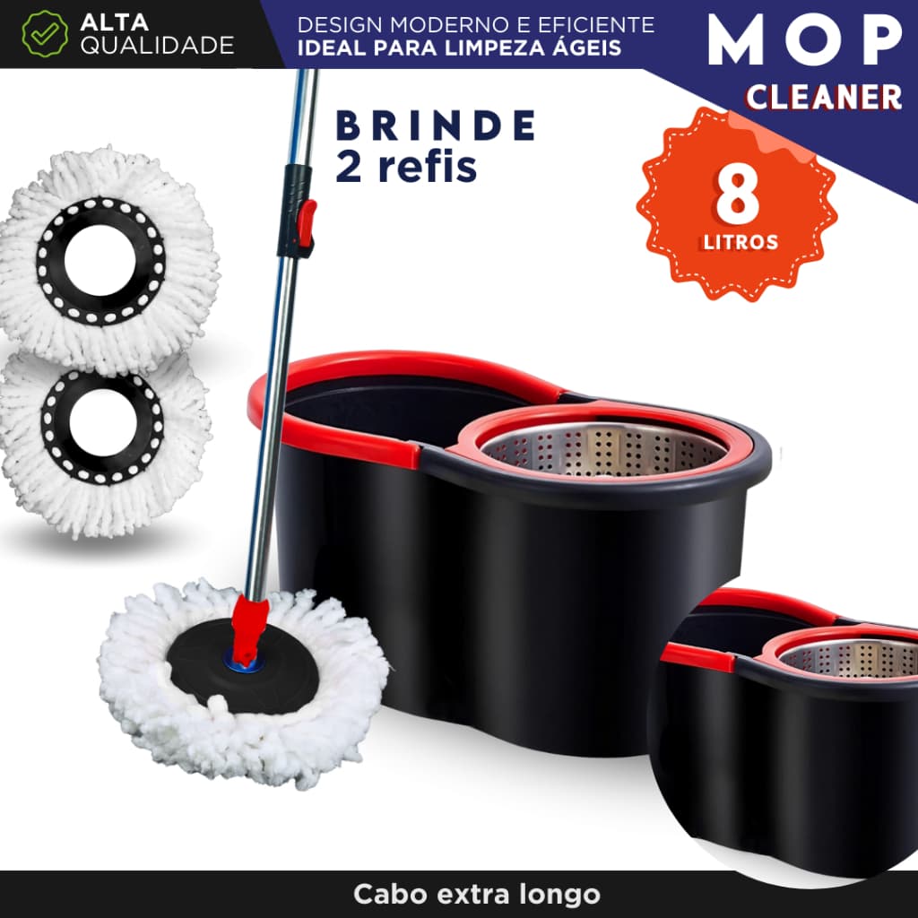 Mop Giratório 8 Litros com Balde Centrífuga Inox Cabo Ajustável 140cm + 2 Refis de Microfibra