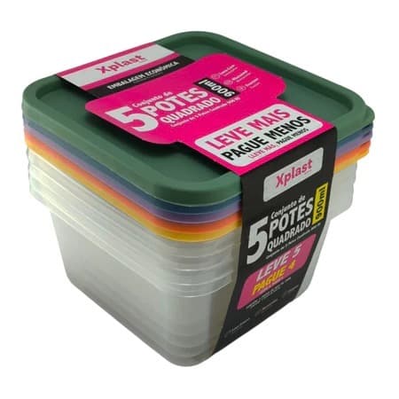 Kit 5 Potes 900ml com Tampas Coloridas – Leve 5 Pague 4 | Potes Plásticos para Marmitas – Freezer e Micro-ondas