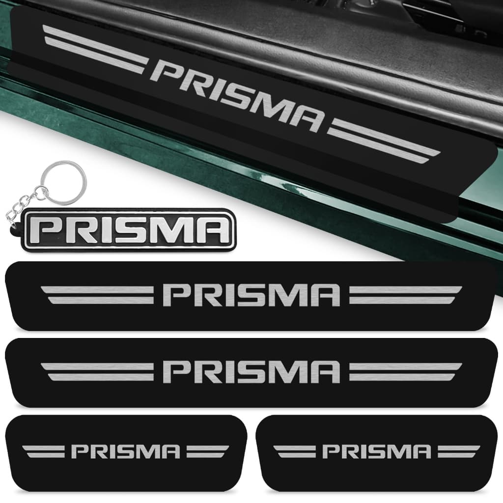 Kit 4 Peças Adesivo Soleira Porta Carro Compatível Prisma 2012 A 2019 Proteção Arranhões + Chaveiro