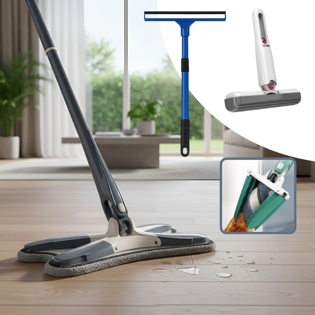 Esfregão Limpeza Mop X Giratório Chão Janela + Limpador Vidros Sacada + Mini MOP Rodo Mágico