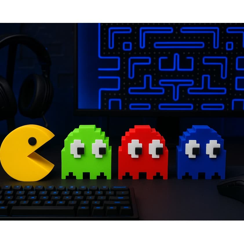 Kit Pac-Man Decoração Geek 4 peças - 1 Pac Man e 3 Fantasmas (Azul, Vermelho e Verde)