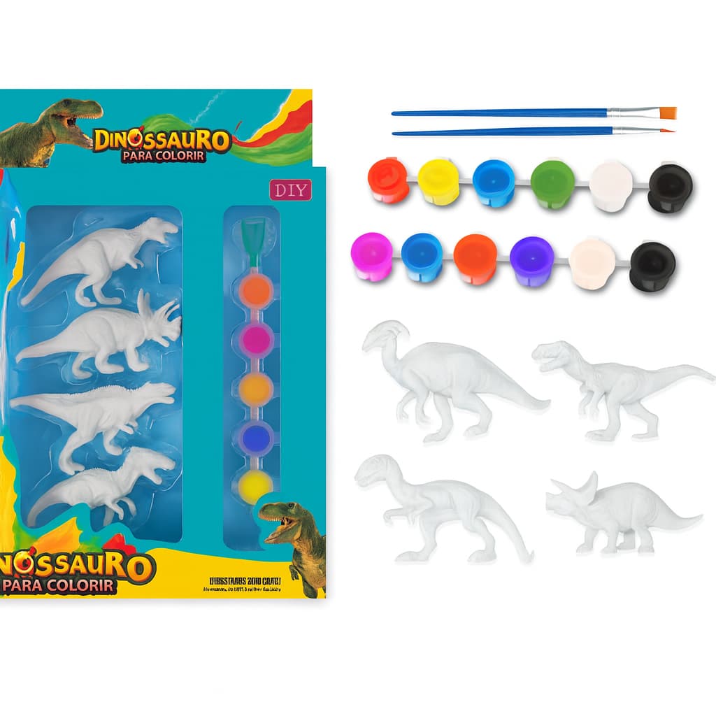 KIT DINOSSAURO PARA COLORIR COM TINTAS E PINCÉIS – BRINQUEDO EDUCATIVO INFANTIL