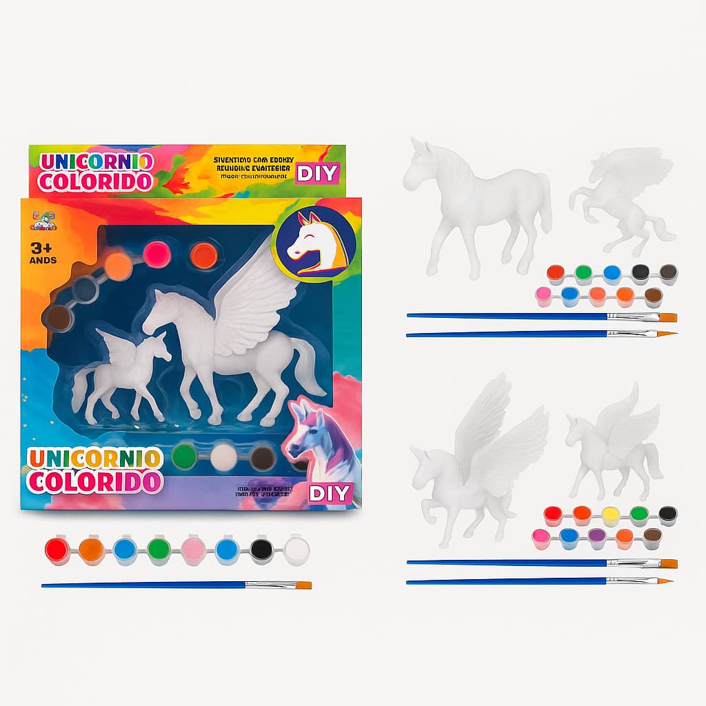 KIT UNICÓRNIO PARA COLORIR DIY COM TINTAS E PINCÉIS – BRINQUEDO EDUCATIVO INFANTIL