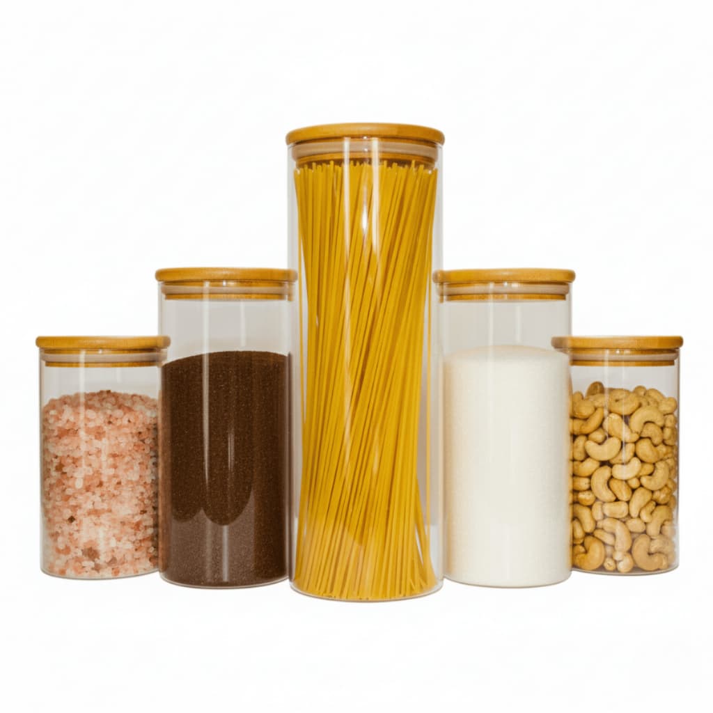 Kit 5 Porta Mantimentos Potes Herméticos Vidro Tampa de Bambu Alimentos Organizador Cozinha Despensa