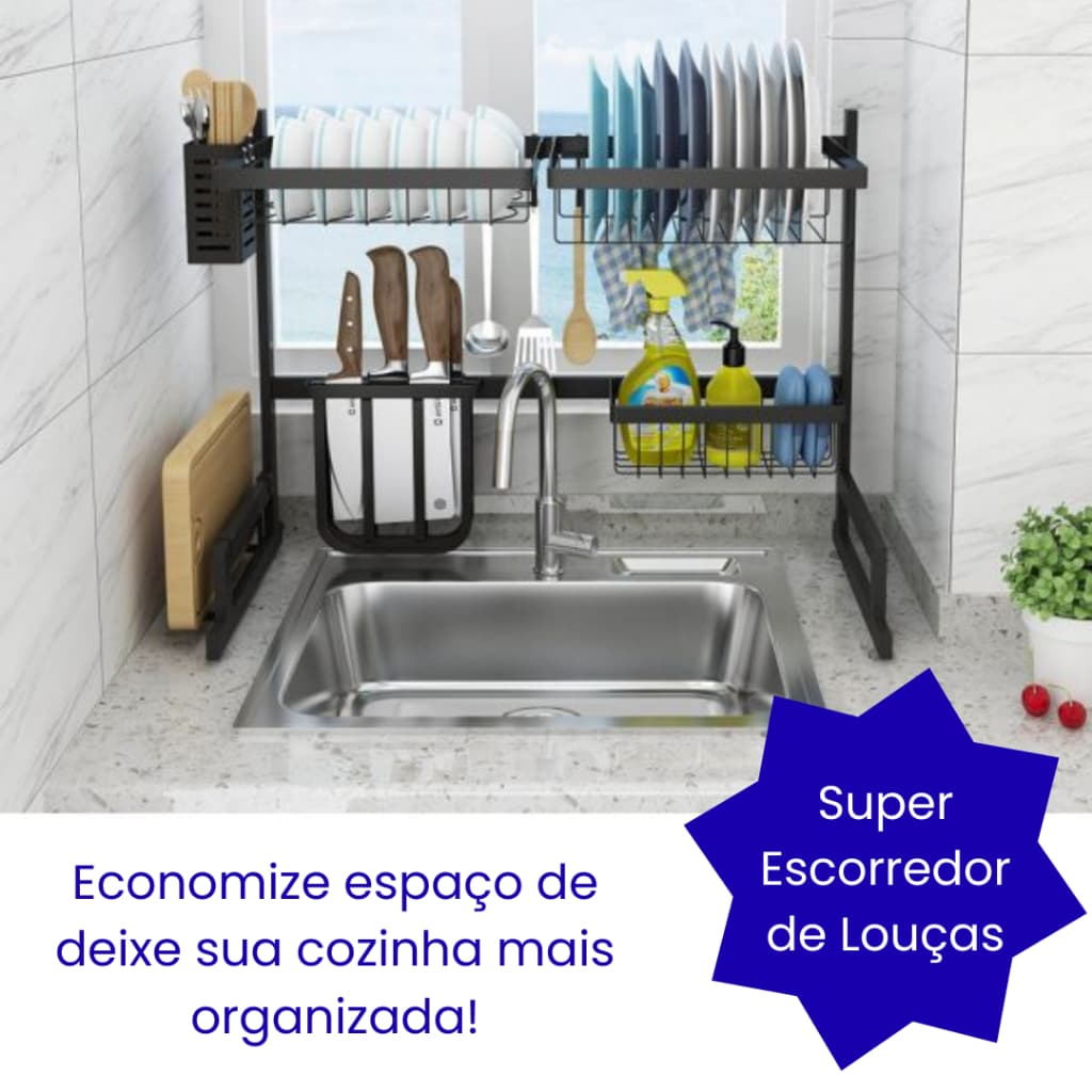 Escorredor de Louças Grande Suspenso Compartimentos Aproveita Espaço - Preto