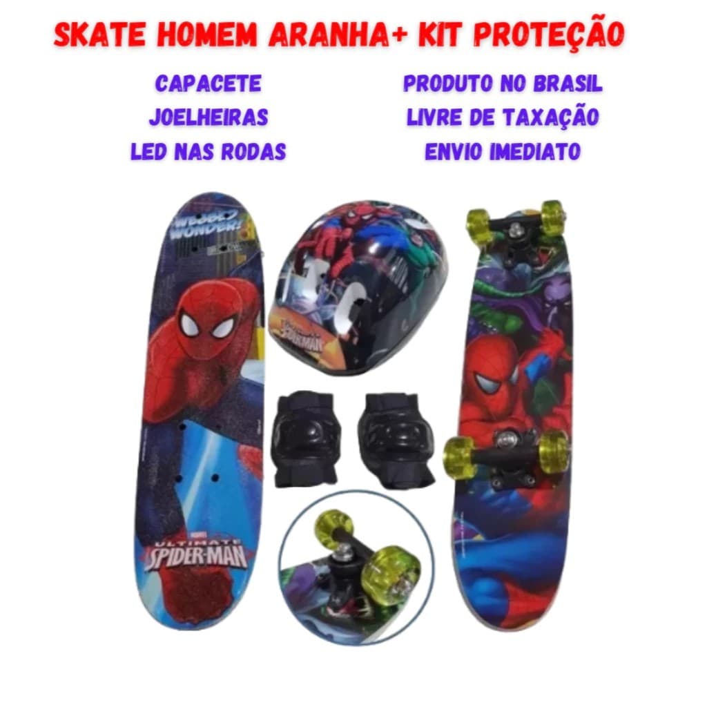 SKATE Homem Aranha  Infantil Radical Antiderrapante Com Kit Segurança Menino