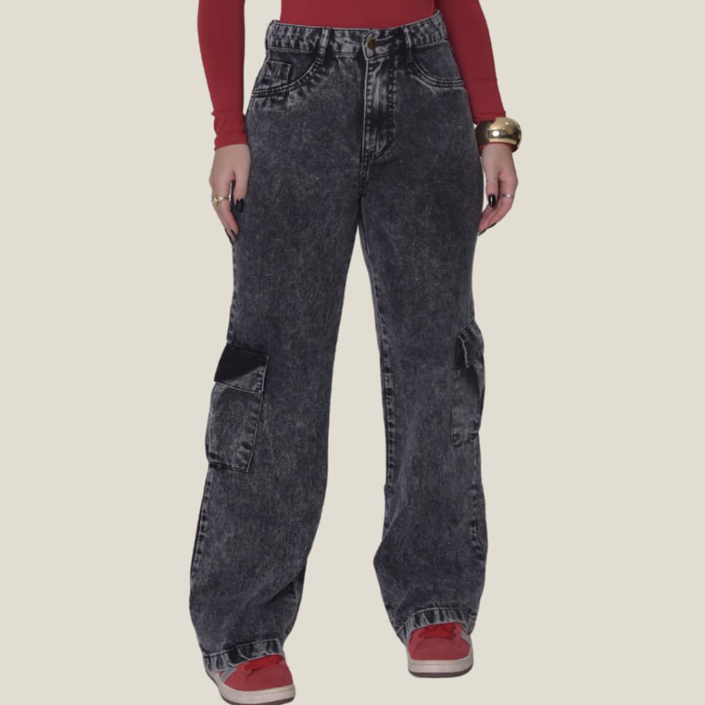 Calça Cargo Jeans Feminina 100% Algodão Com Bolso Largo Estilo Street Wide Leg