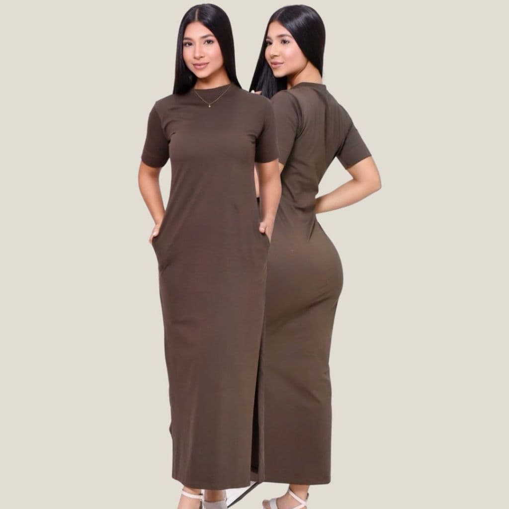 Vestido Longo Feminino em Algodão Manga Curta Com Fenda e Bolso Verdadeiro