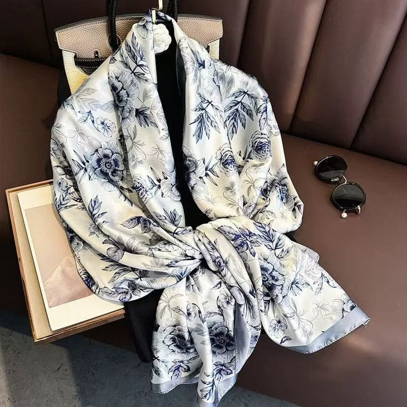 XT Xale e lenço feminino elegante em cetim de seda azul e branco com estampa de porcelana, 90x180cm