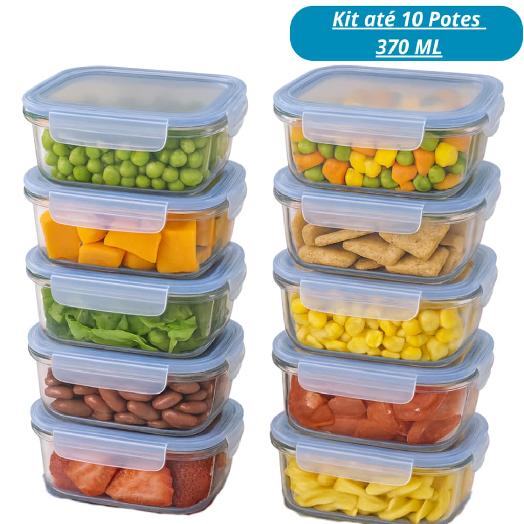 Pote de Vidro Hermético Para Marmita Mantimentos Com Tampa 4 Travas 370ml Kit 10 Potes