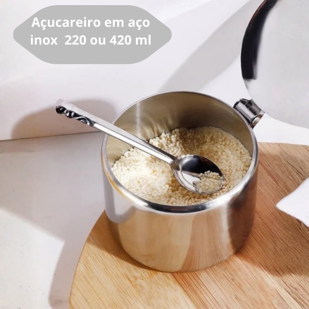 Açucareiro Inox Com Tampa e Colher Para Servir Mesa Adoçar Café 220ml 420ml