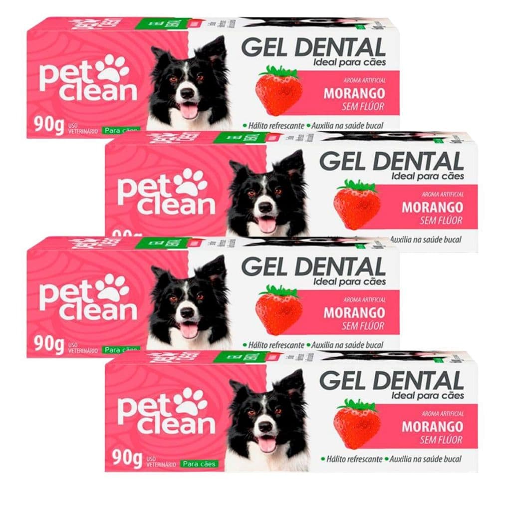 Kit 4 Pasta de Dente Cães e Gatos Pet Clean Gel Dental 90g - Morango