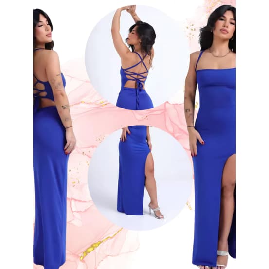 VESTIDO LONGO FEMENINO COM TRANZAS NAS COSTAS TECIDO DUPLO COM FENDA NA FRENTE TECIDO SUPLEX