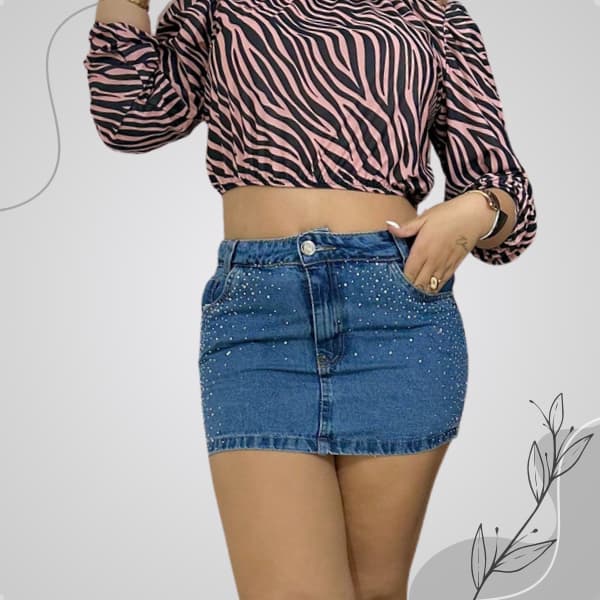 Mini Saia Jeans Strass Barra Básica Moderna E Cheia De Estilo