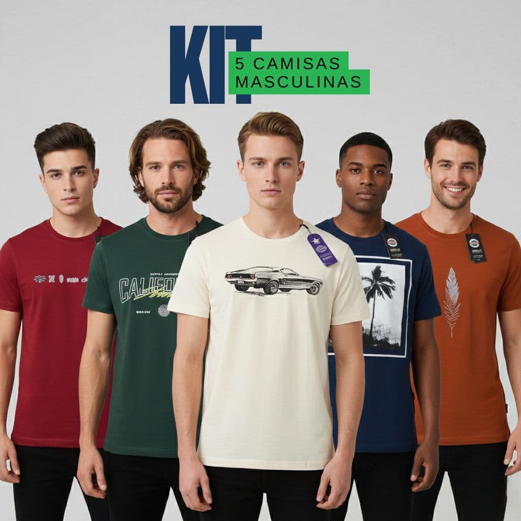 Kit 5 Camisetas Masculinas Malha Premium Fio 30.1 Algodão - Kit com 3 Camisetas para Homens