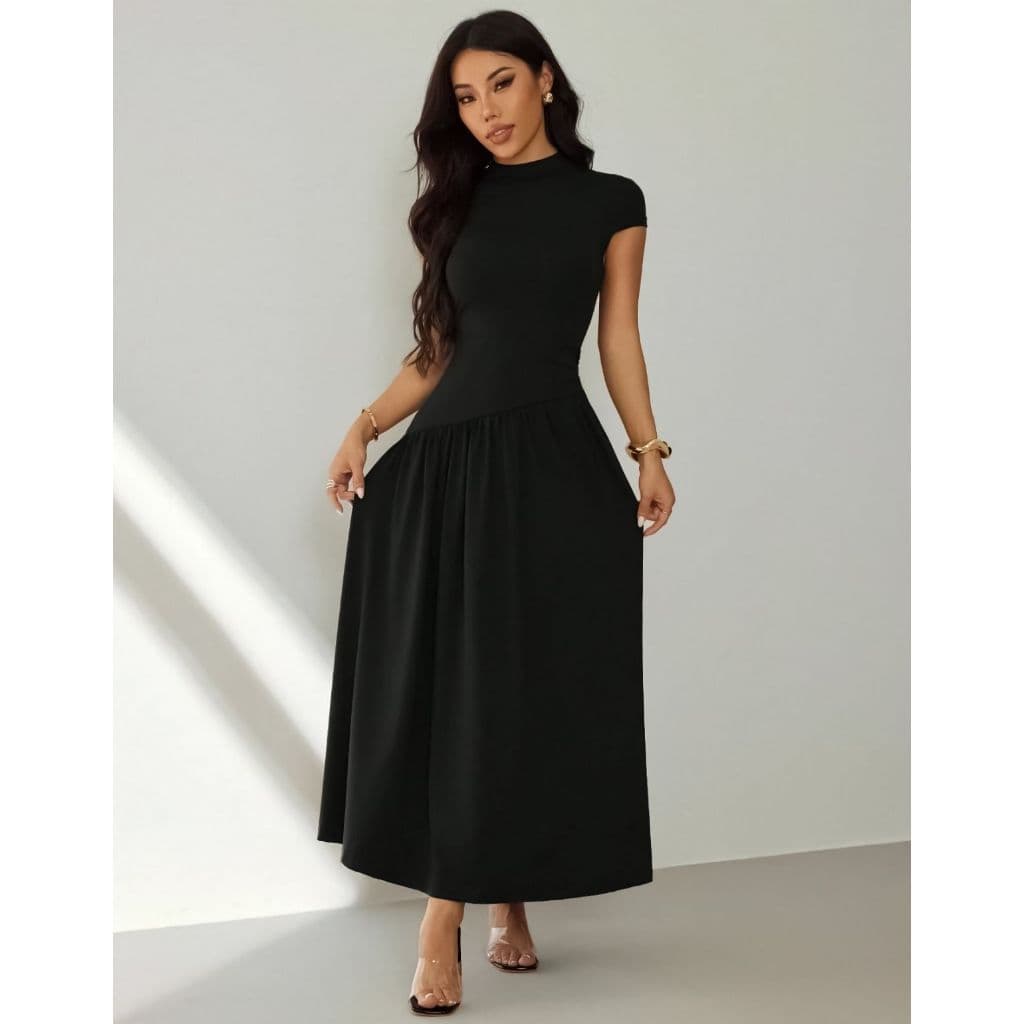 Vestido Midi Feminino Casual  Manga Curta Gola Alta Assimétrico Elegante