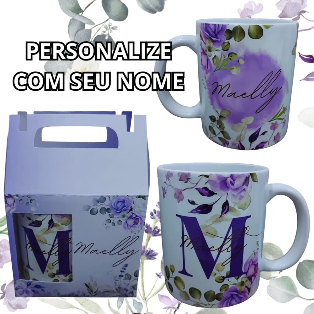 Caneca De Porcelana Floral Lilás Com Caxinha Personalizada inicial e Nome 325ml Presente