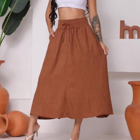 Saia Longa duna linho Com Bolsos e cintura com Elástico Moda Casual