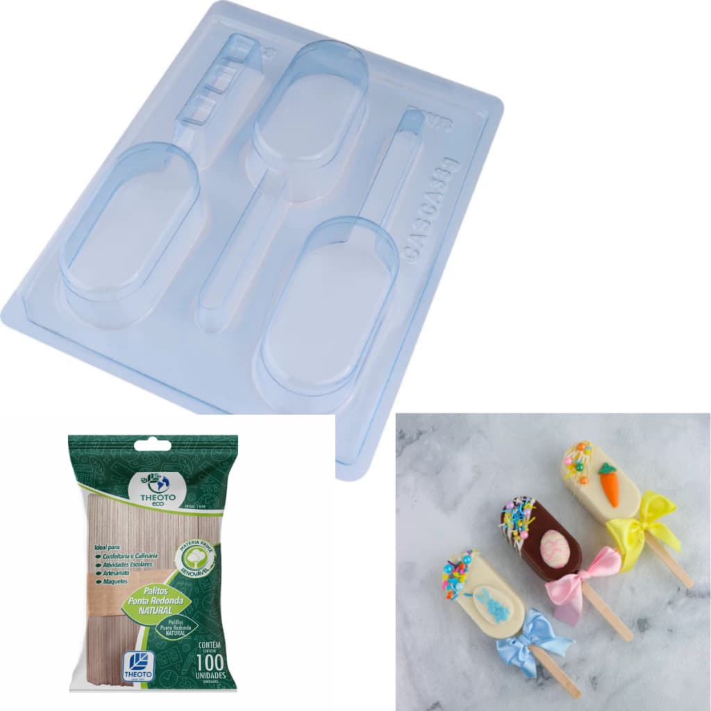 Kit Forma Paleta Gourmet Chocolate BWB Cod.9818 + 100 Palitos Madeira Sorvete Picole Bolo no Palito