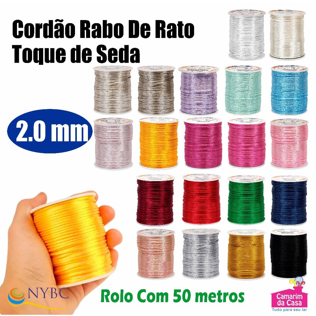Cordão Rabo de Rato Fio de Cetim Espessura 2mm Rolo com 50 metros Diversas Cores NYBC