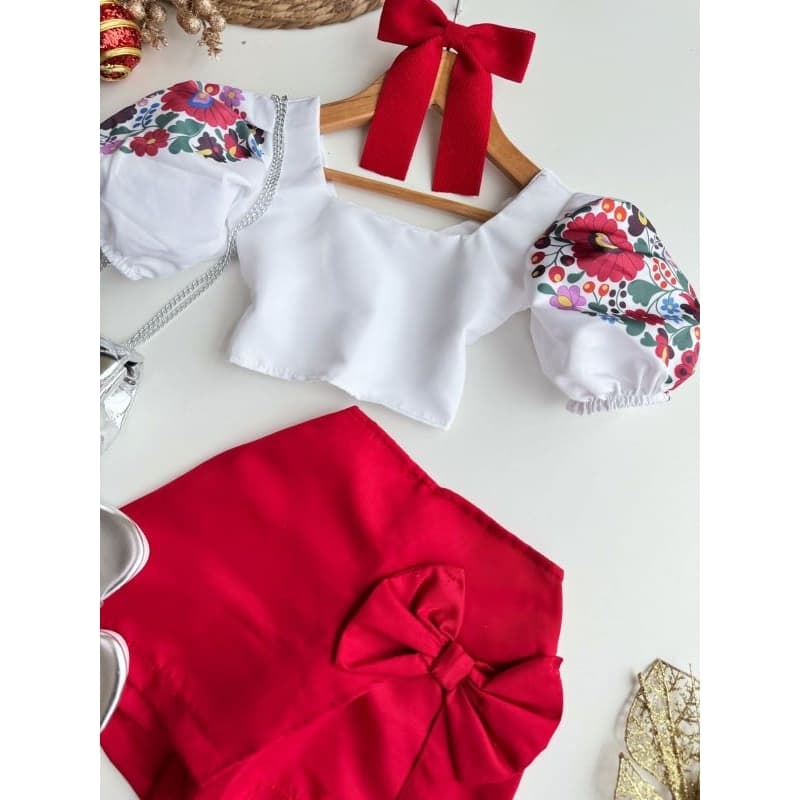 Conjunto Infantil Luxo Natal Ano Novo - Blusa Manga Bufante + Shorts Saia com Laço
