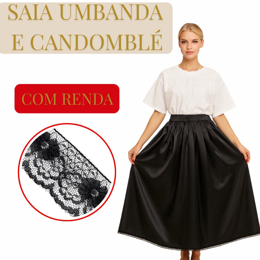 Saia Preta Umbanda e Candomblé Cetim com Renda Premium com 3 metros de Roda 95cm de Altura