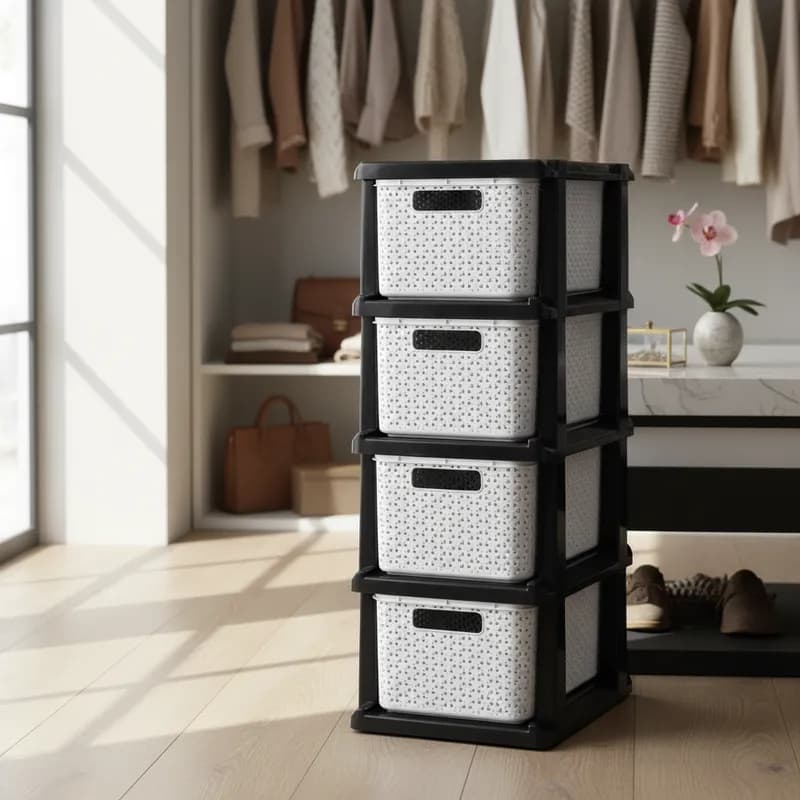 Gaveteiro Organizador Multiuso Plástico Rattan com Rodinhas 4 gavetas – Branco/Preto Agraplast 1049