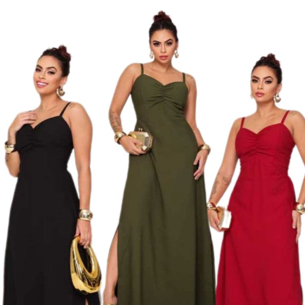 Vestido Longo Feminino Com Bojo Alcinha Ajustavel Forro e Elastex