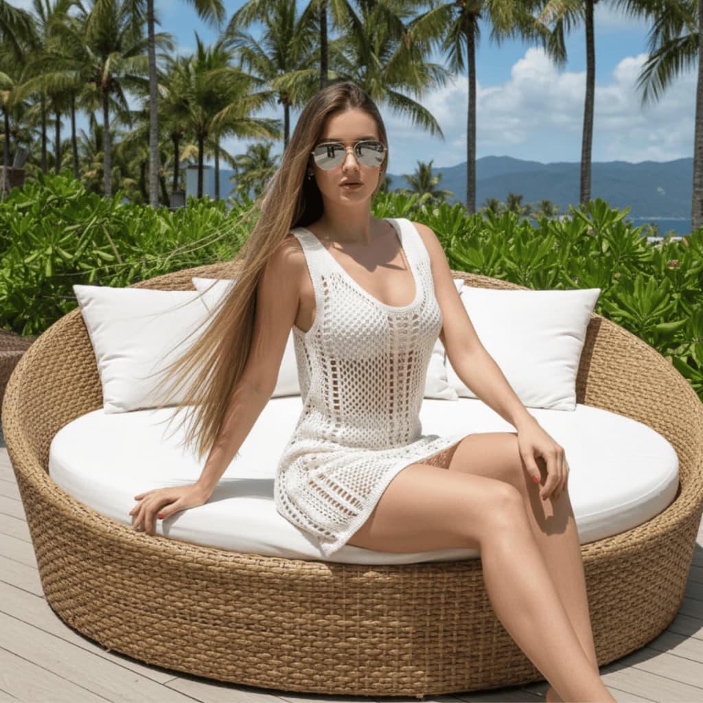 Vestido Saida de Praia Elegante Curto Verão Vazada Alça Larga Decote Moda Piscina Croche
