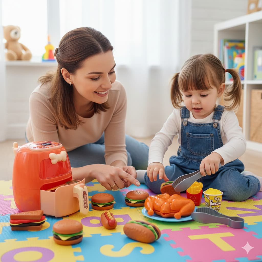Air Fryer Infantil Brinquedo com Luzes + Acessórios Comida Mini Cozinha Educativa 3+