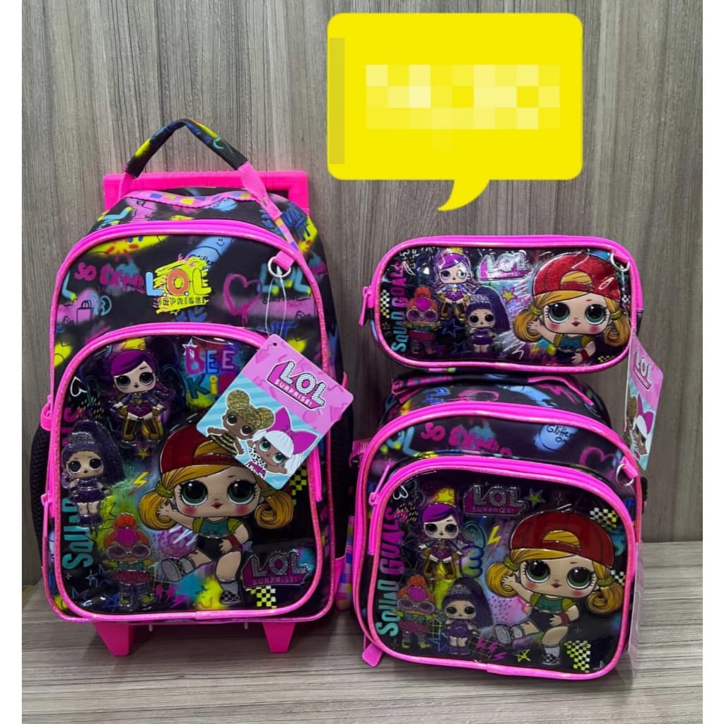 Kit de Mochila de Rodinhas, Lancheira e Estojo LoL - Pequena - Modelo 2025 - Preto e Rosa