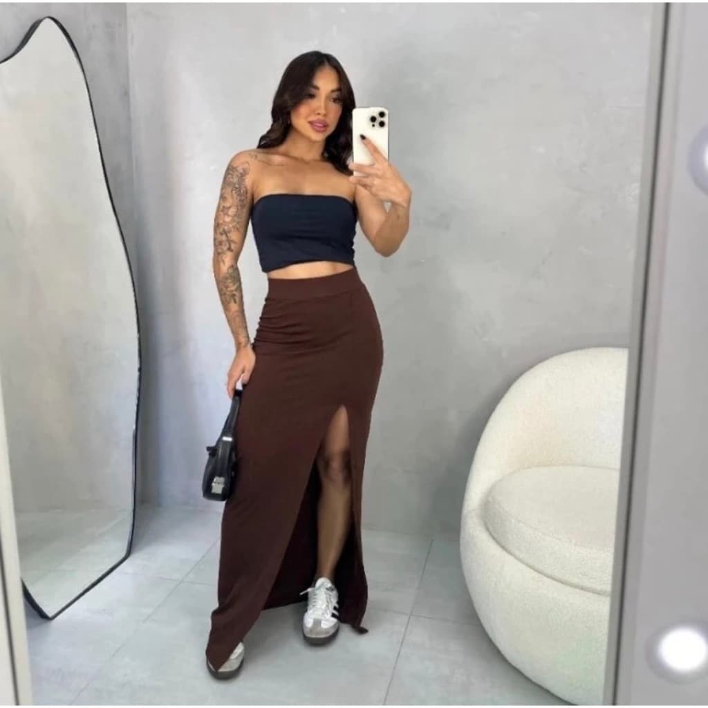 Conjunto Toptube Cropped e Saia com Fenda Suplex Premium