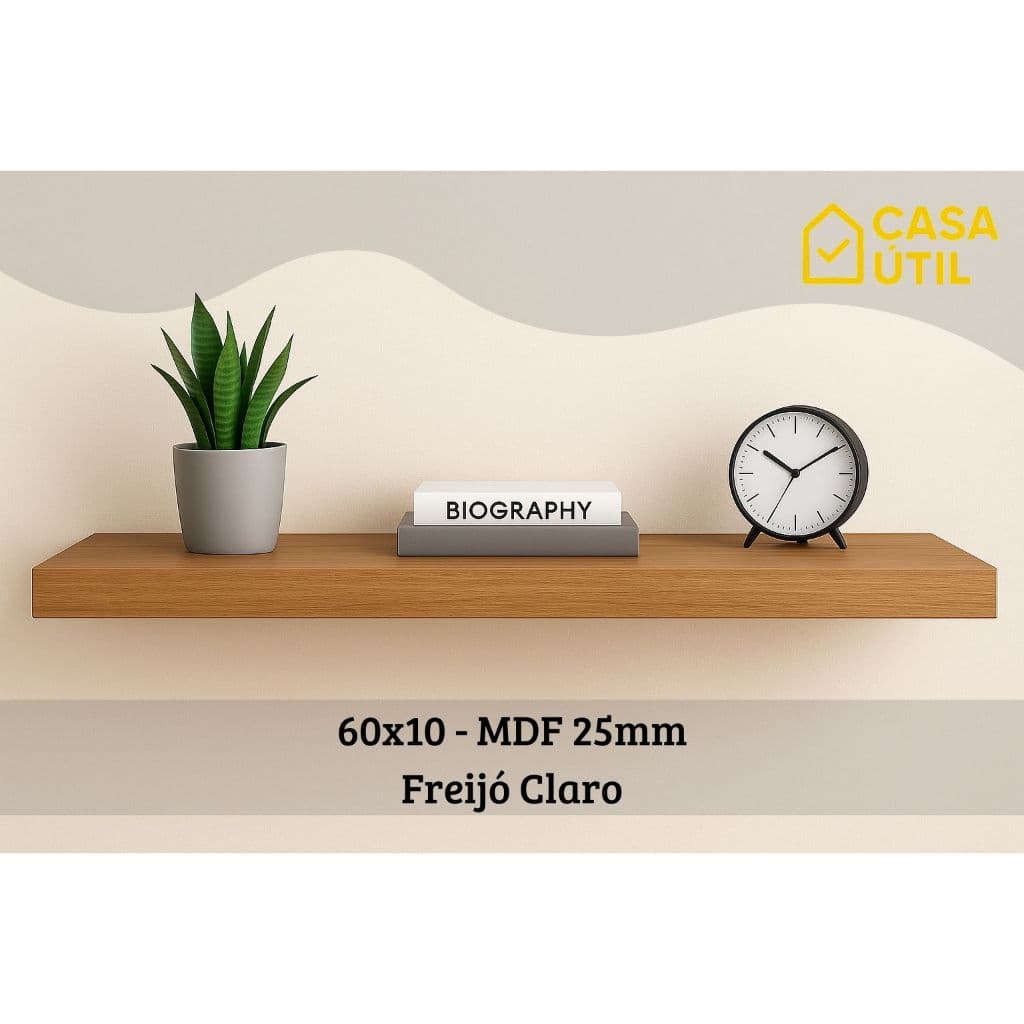 Prateleira 60x10 cm MDF 25mm Freijó Claro com Suporte Invisível Reforçado| Sala, Cozinha e Quarto
