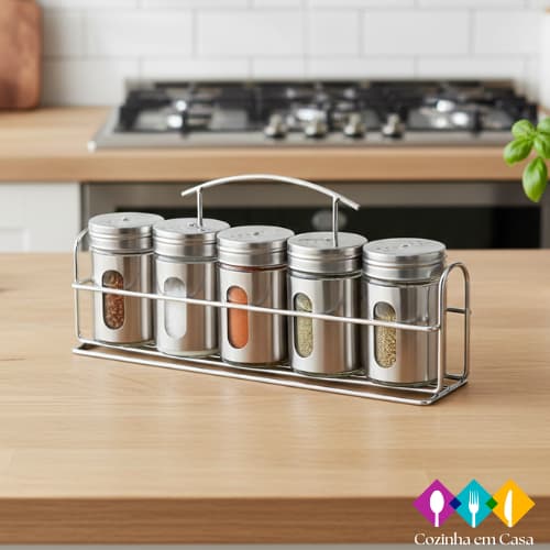 Porta Condimentos Temperos Inox 5 Pçs Com Suporte inox