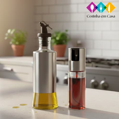 Conjunto Galheteiro E  Borrifador Spray Pulverizador para Vinagre ou Azeite Aço Inox Vidro Multiuso