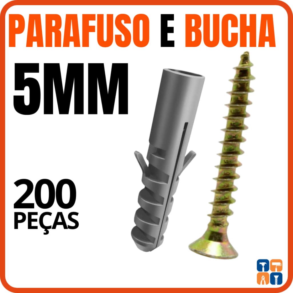 Bucha 5mm com Parafuso 5 Kit 200 Peças Buchas 5 Parafusos 3,5x30 Kit Parafusos e Buchas para Parede