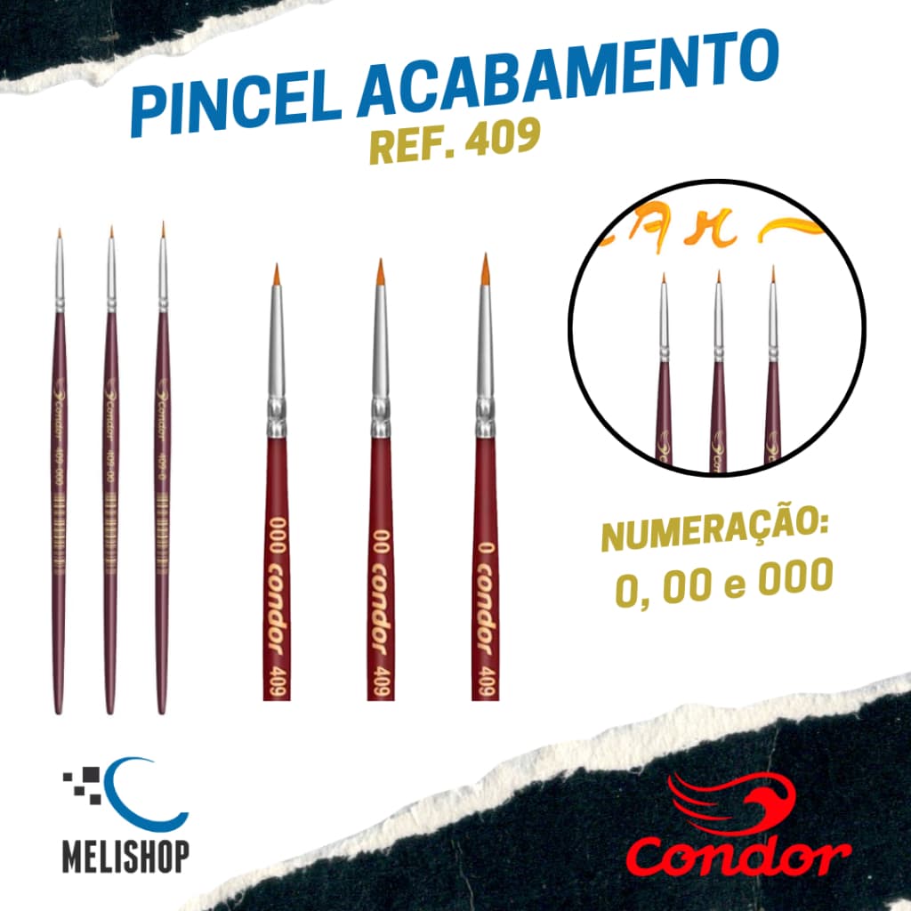 Kit Pincel Artístico Acabamento REF. 409 Condor Nº 0, 00 e 000 com Cerdas Sintéticas Douradas