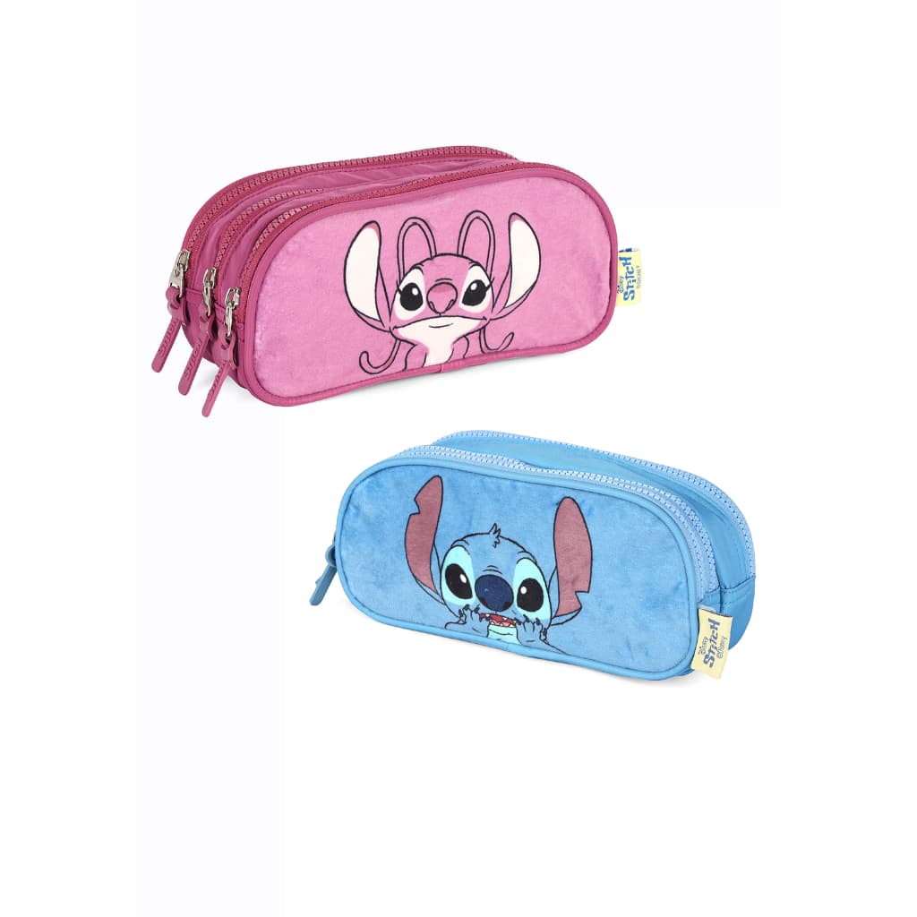 Estojo Escolar Triplo Stitch Azul ou Angel Violeta 3 repartições