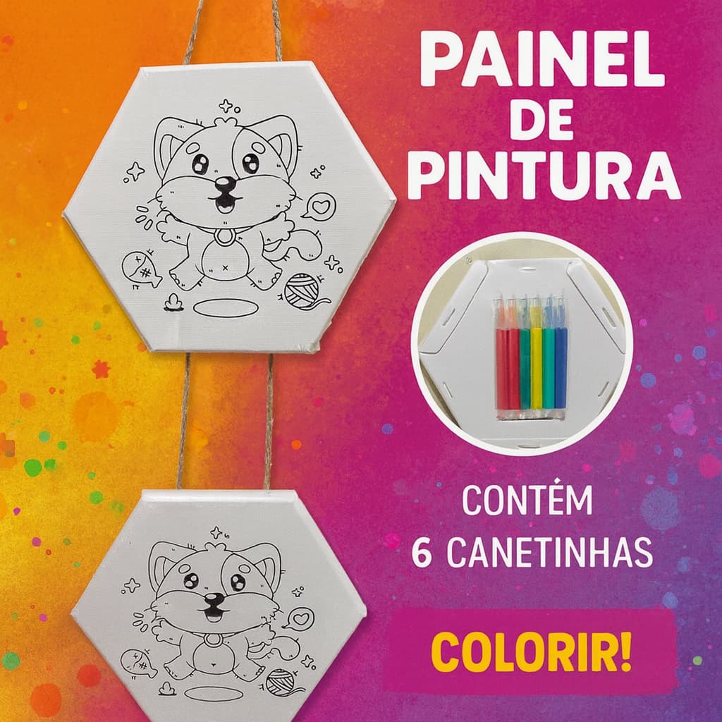 Tela de Pintura Kit Miniquadro 6 Canetinhas E 2 Quadrinhos Para Pendurar Presente Natal Unissex Brinquedo Infantil