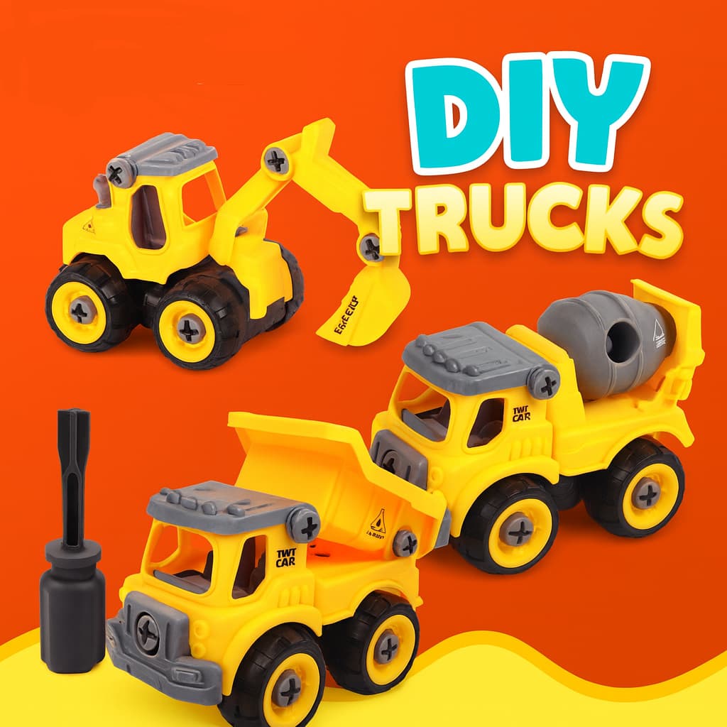 Carrinhos de Construção Betoneira Caçamba Escavadeira Brinquedo Montessori Monta Desmonta Educativo
