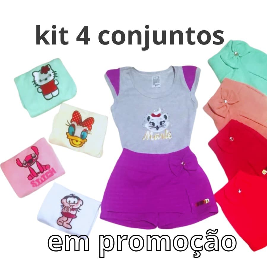 Kit 4   Conjuntinhos Verão– Menina 2 a 6 Anos em CREPE  de Alta Qualidade  Promoção Lacinho
